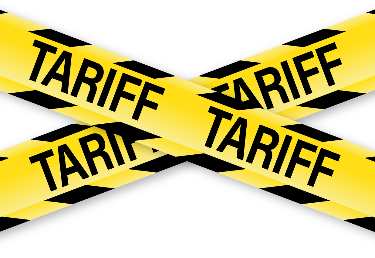 Tariff trade caution tape concept on white background